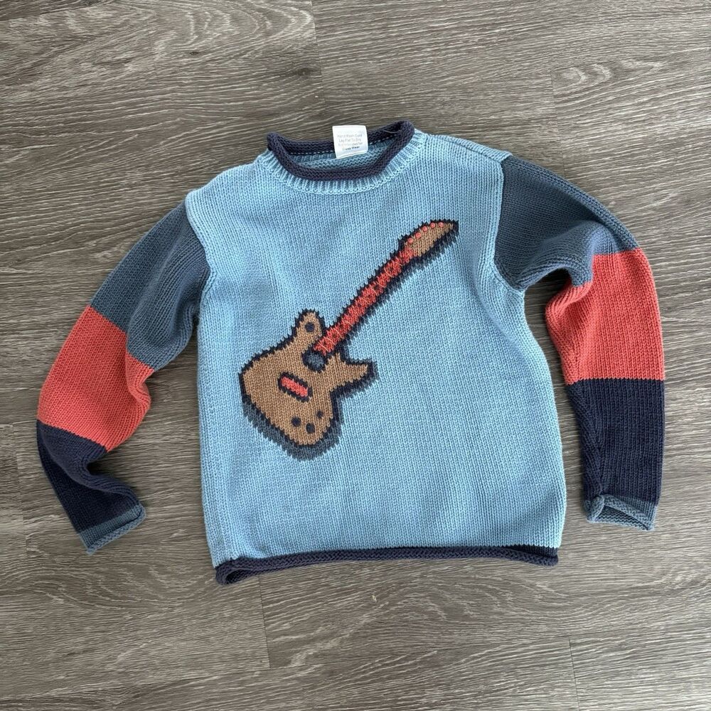 Vtg MULBERRIBUSH Guitar Knit Sweater Blue Boys Kids Colorblock Cotton Rockstar 8